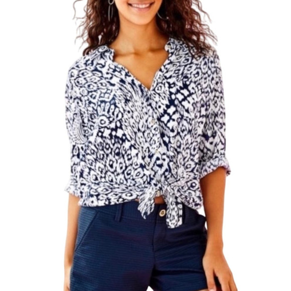 Lilly Pulitzer Sea View Button Down Blouse Shirt Bright Navy‎ Pineapple P… - Picture 2 of 14